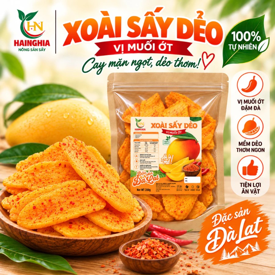 Xoài sấy dẻo Hainghia vị muối ớt đặc sản Đà Lạt, xoài sấy mềm dẻo cay mặn ngọt
